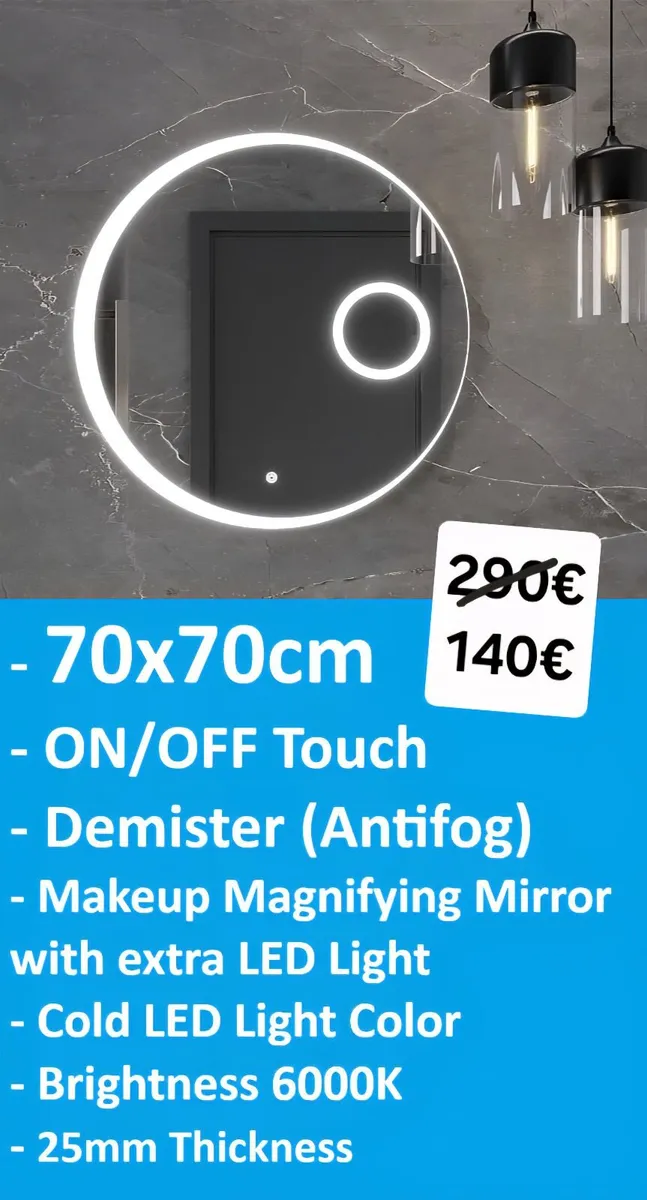 LED Bathroom Mirror Makeup 70cm Demister - Image 1