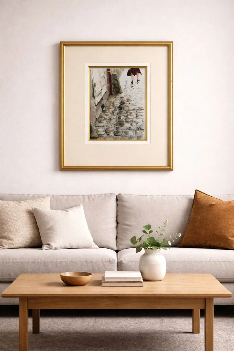 Framed Watercolour Street Scene  in Gold Frame - Image 1