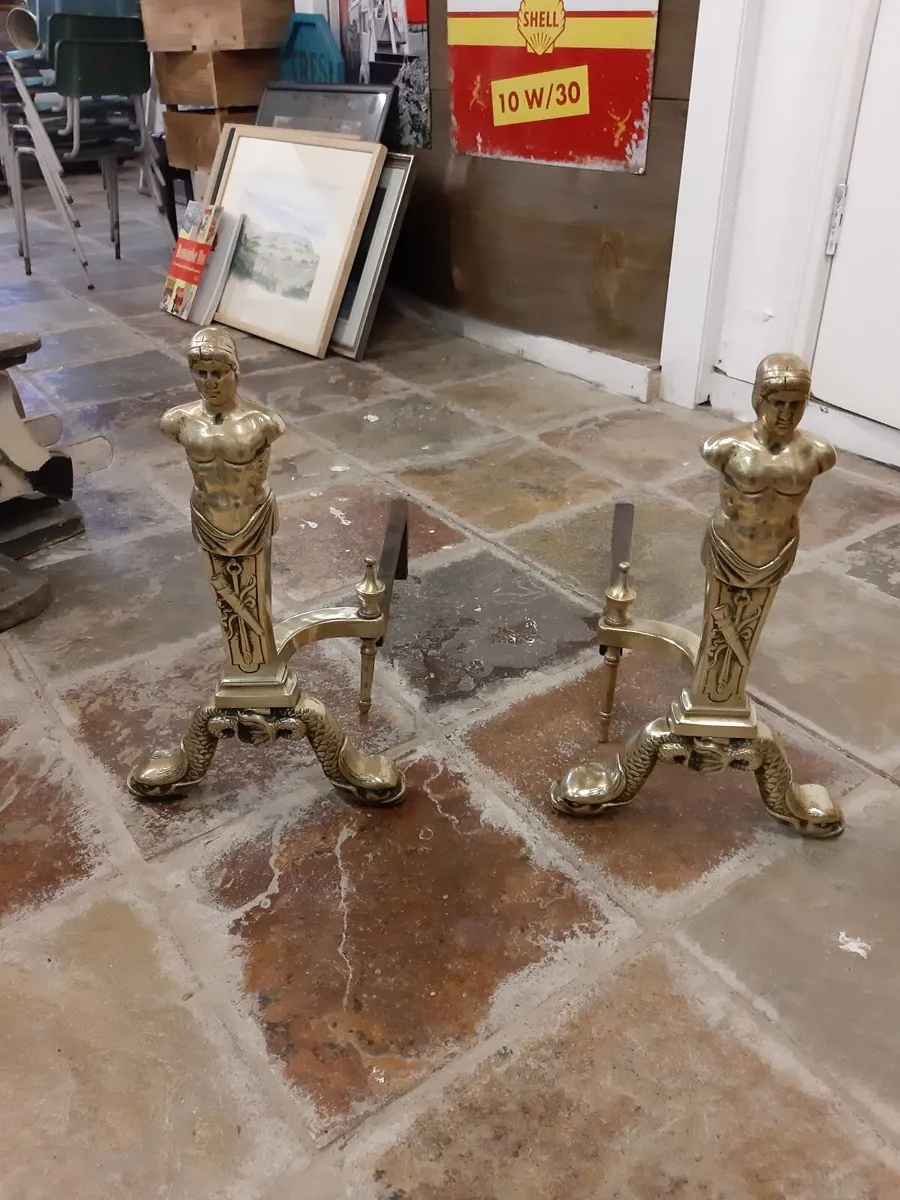 Pair large Georgian brass fire doggs - Image 1
