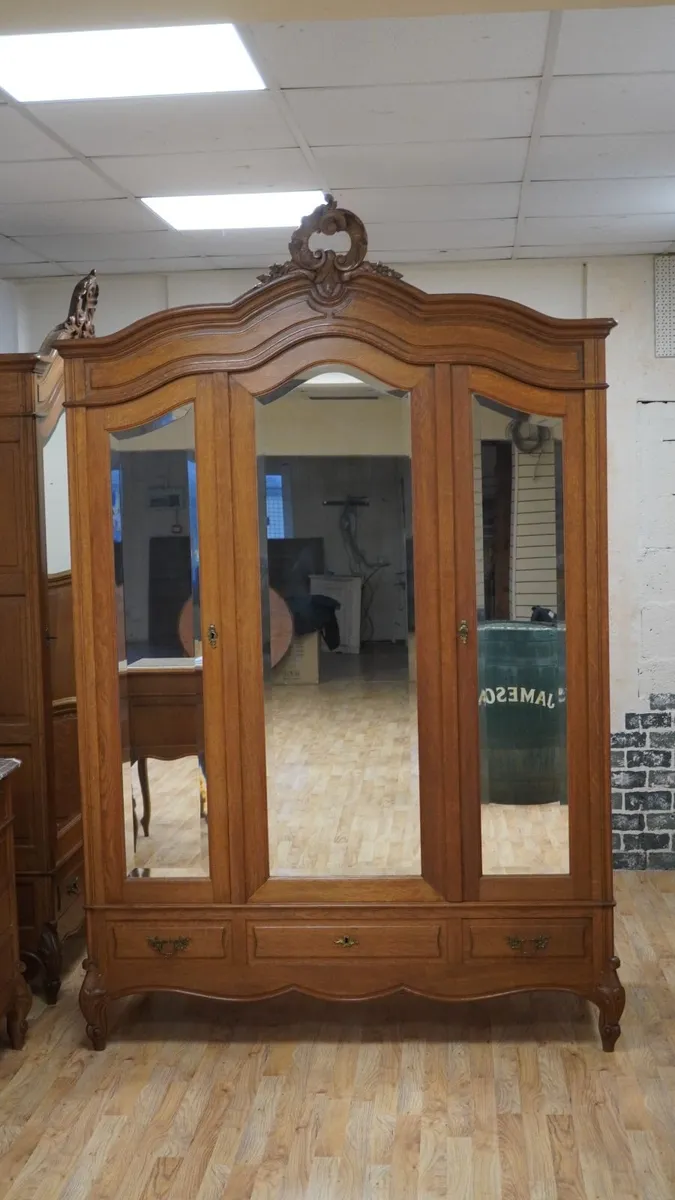 French Oak Triple-Door Mirrored Armoire / Wardrobe - Image 1