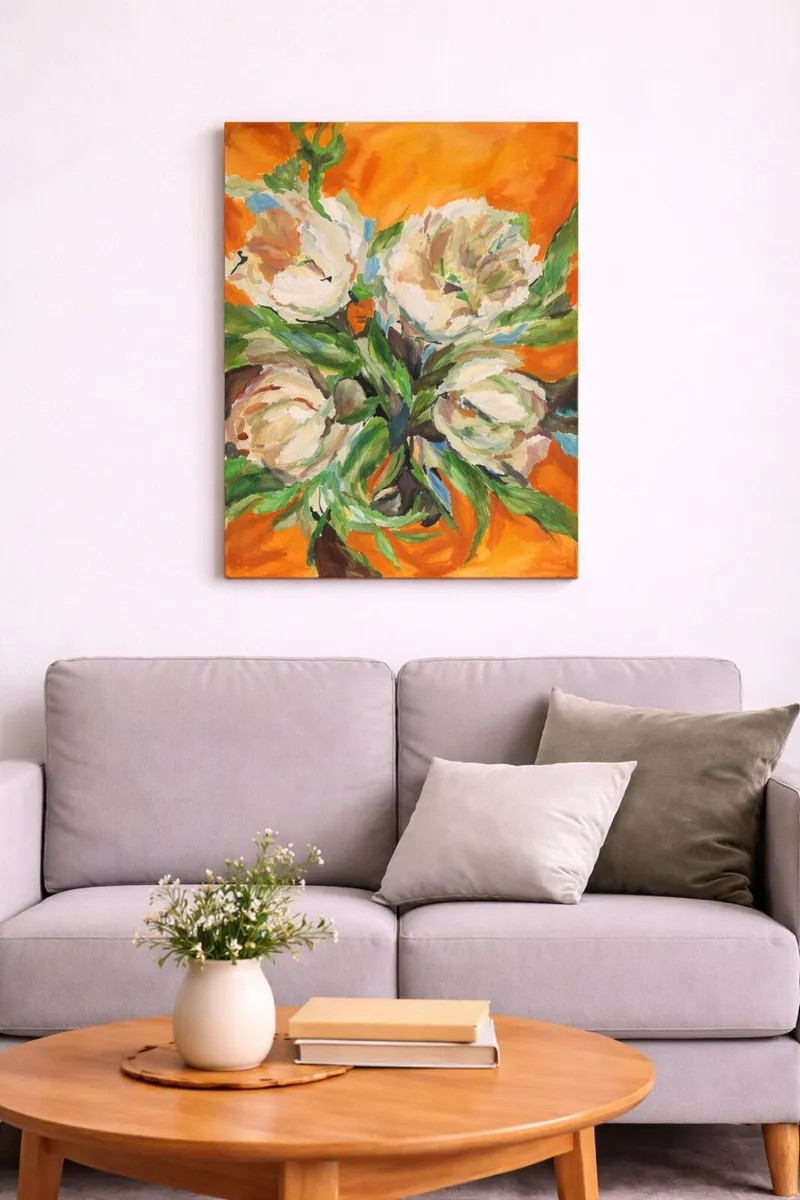 Large Floral Acrylic Painting – Orange Background - Image 1