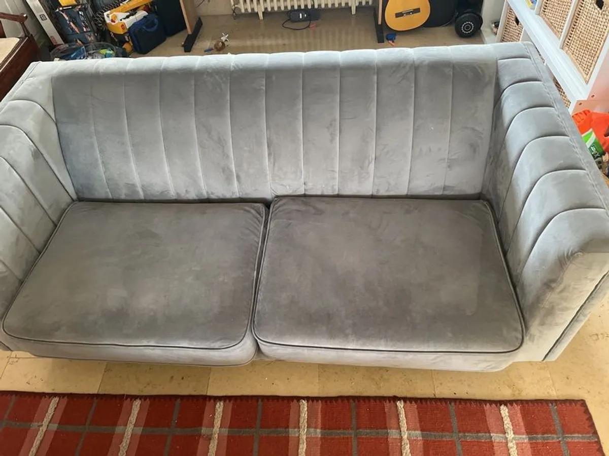 Pair of Modern Grey Velvet Channel-Tufted Couches - Image 4
