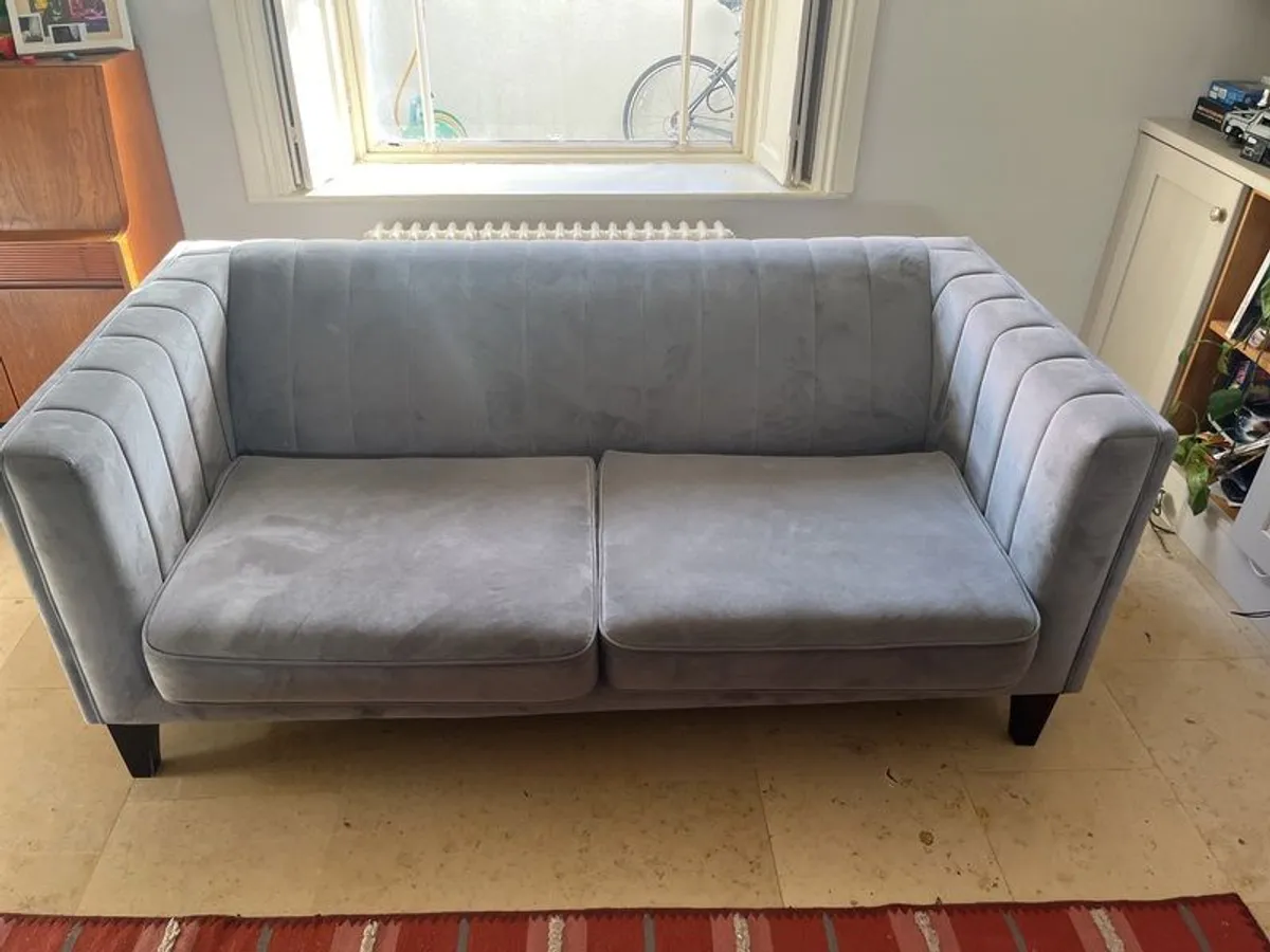 Pair of Modern Grey Velvet Channel-Tufted Couches - Image 1