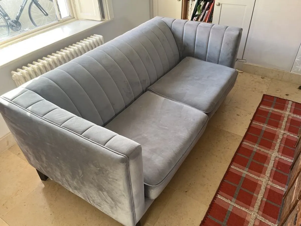 Pair of Modern Grey Velvet Channel-Tufted Couches - Image 2