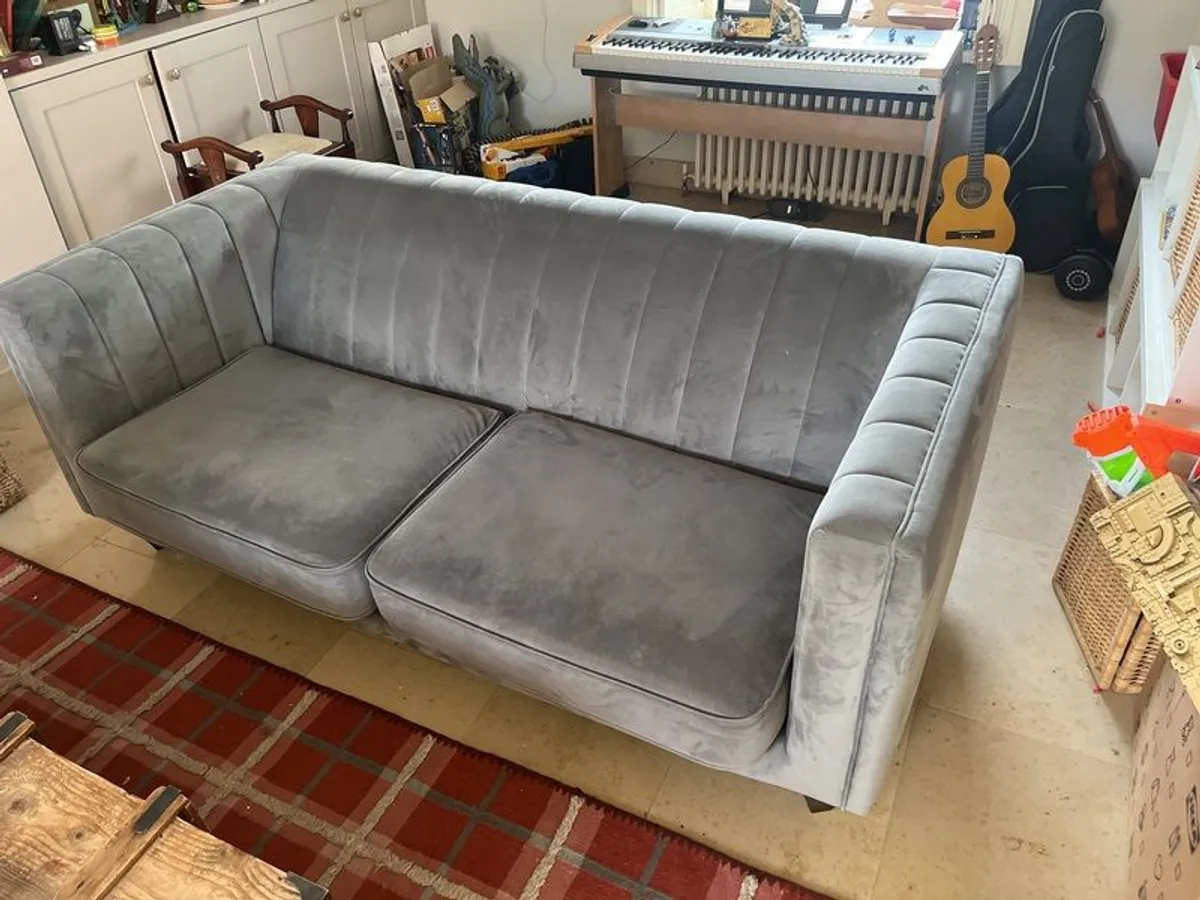 Pair of Modern Grey Velvet Channel-Tufted Couches - Image 3
