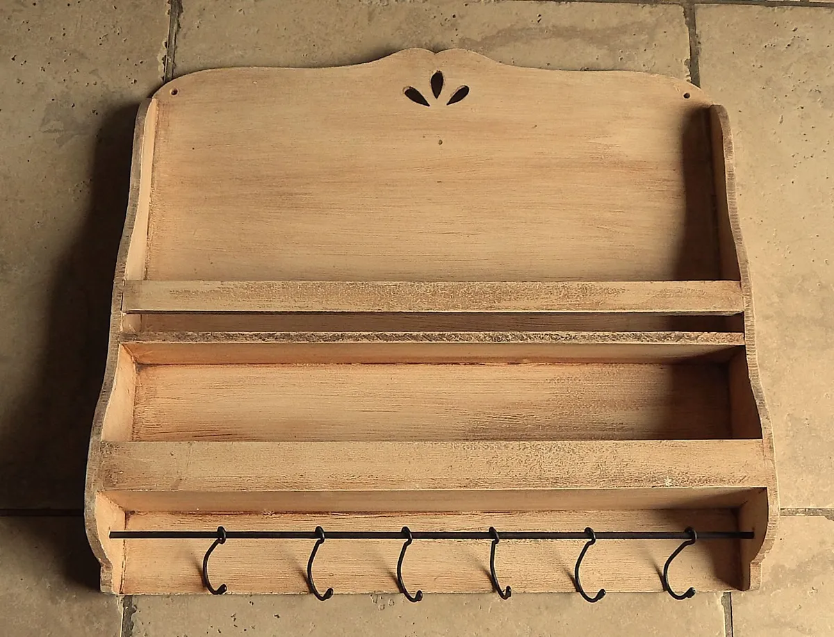 Handmade Wooden Plate Rack with Hooks - Image 1
