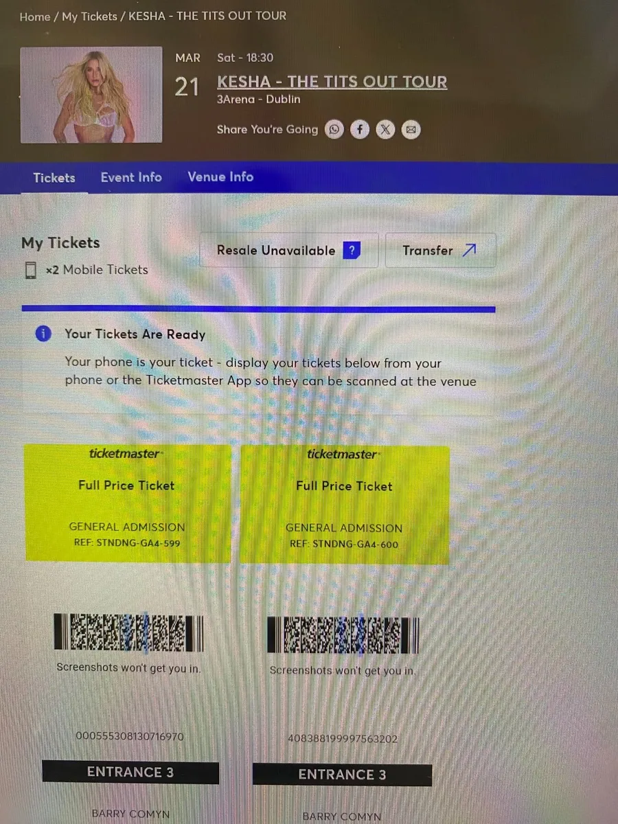2 Tickets for Kesha 3Arena - 21st March