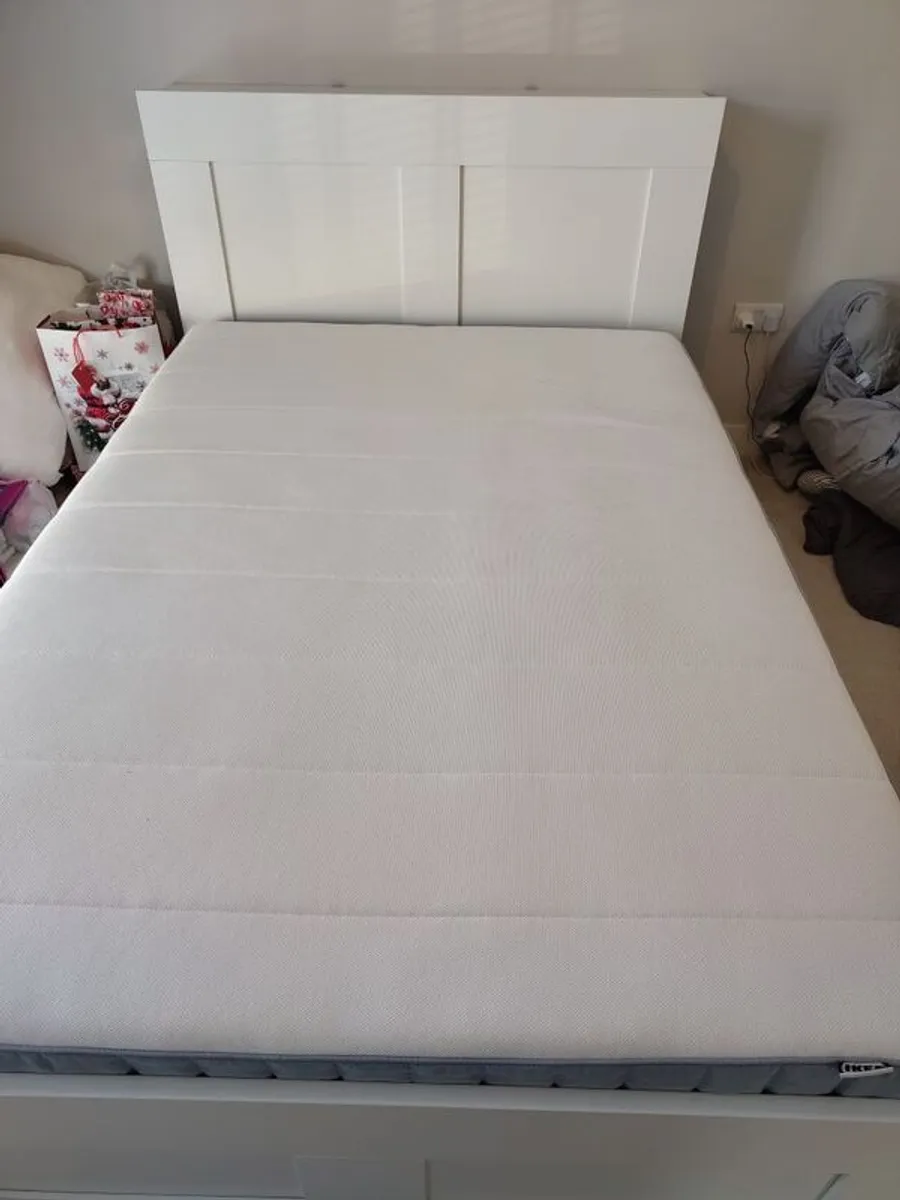 Double bed IKEA brimnes with storage, headboard, and verteroy mattress - Image 1