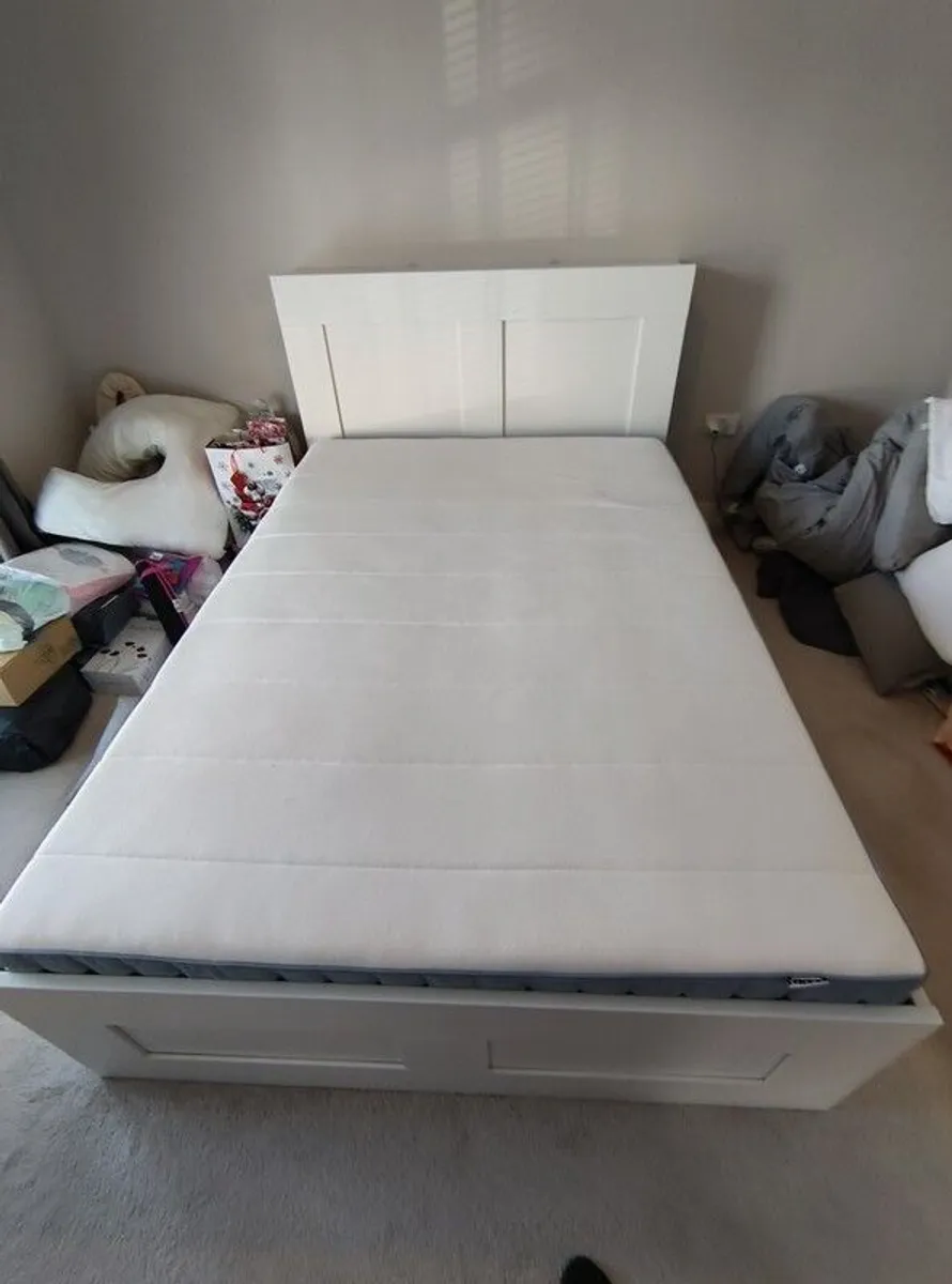 Double bed IKEA brimnes with storage, headboard, and verteroy mattress - Image 2