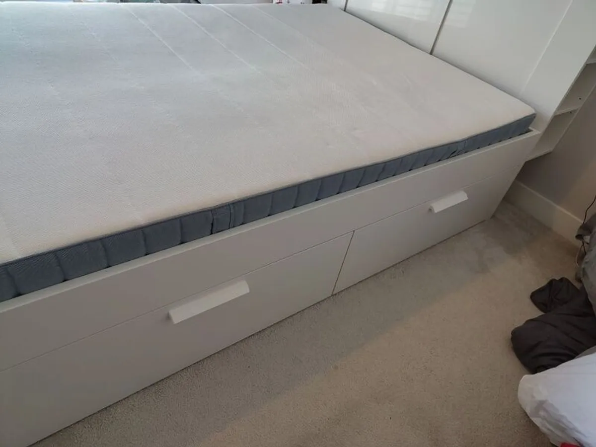 Double bed IKEA brimnes with storage, headboard, and verteroy mattress - Image 3