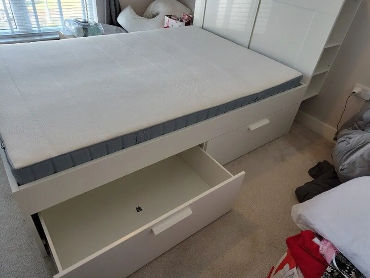 Double bed IKEA brimnes with storage, headboard, and verteroy mattress - Image 4