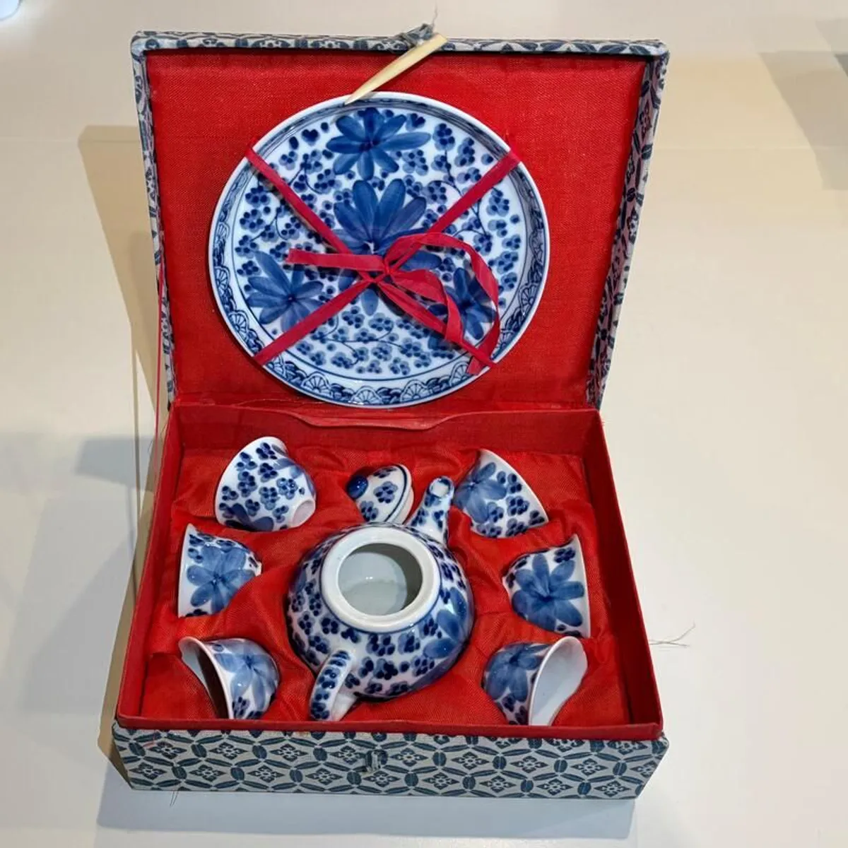 Vintage Mini Chinese Hand-Painted China Tea Saki Set In Box 6 Cups Plate - Image 1