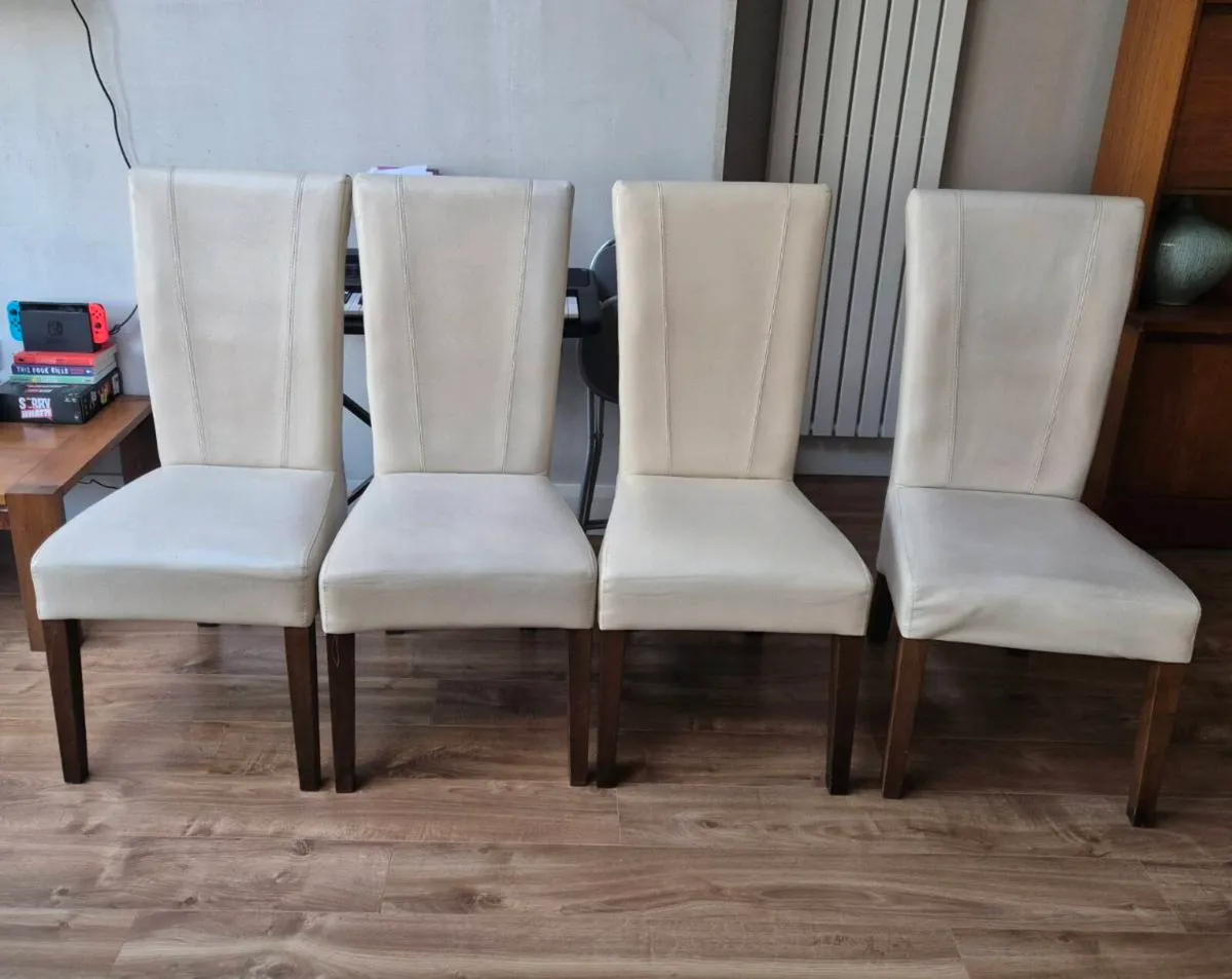4 Solid Wood Dining Chairs – Cream Leather - Image 1