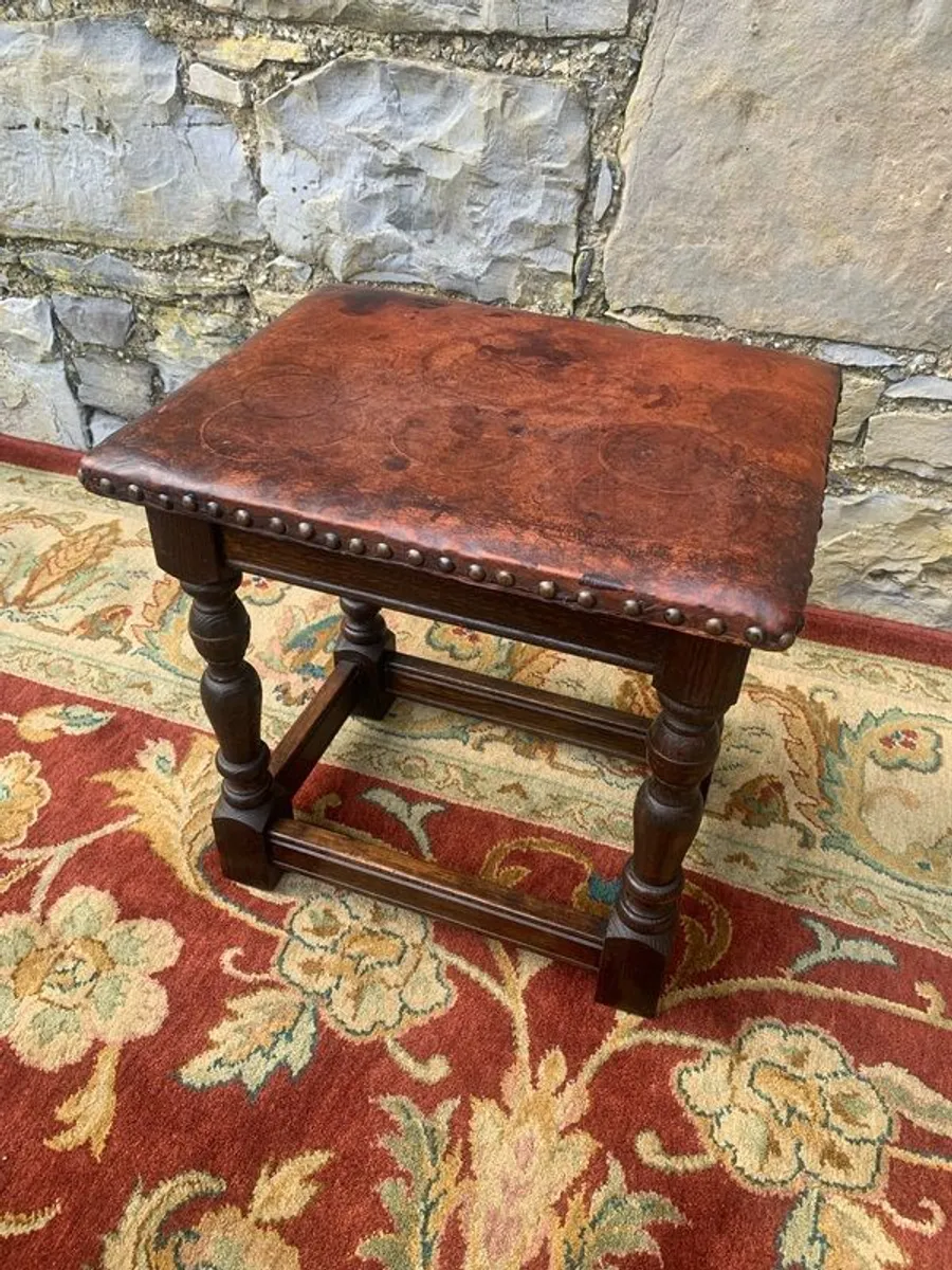 Antique Oak Stool with Studded Leather Seat. - Image 1