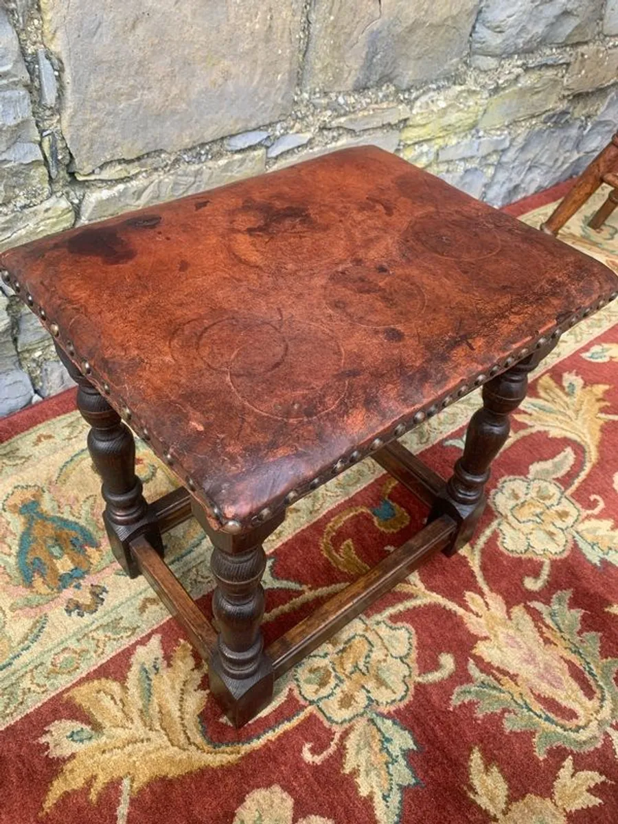 Antique Oak Stool with Studded Leather Seat. - Image 3