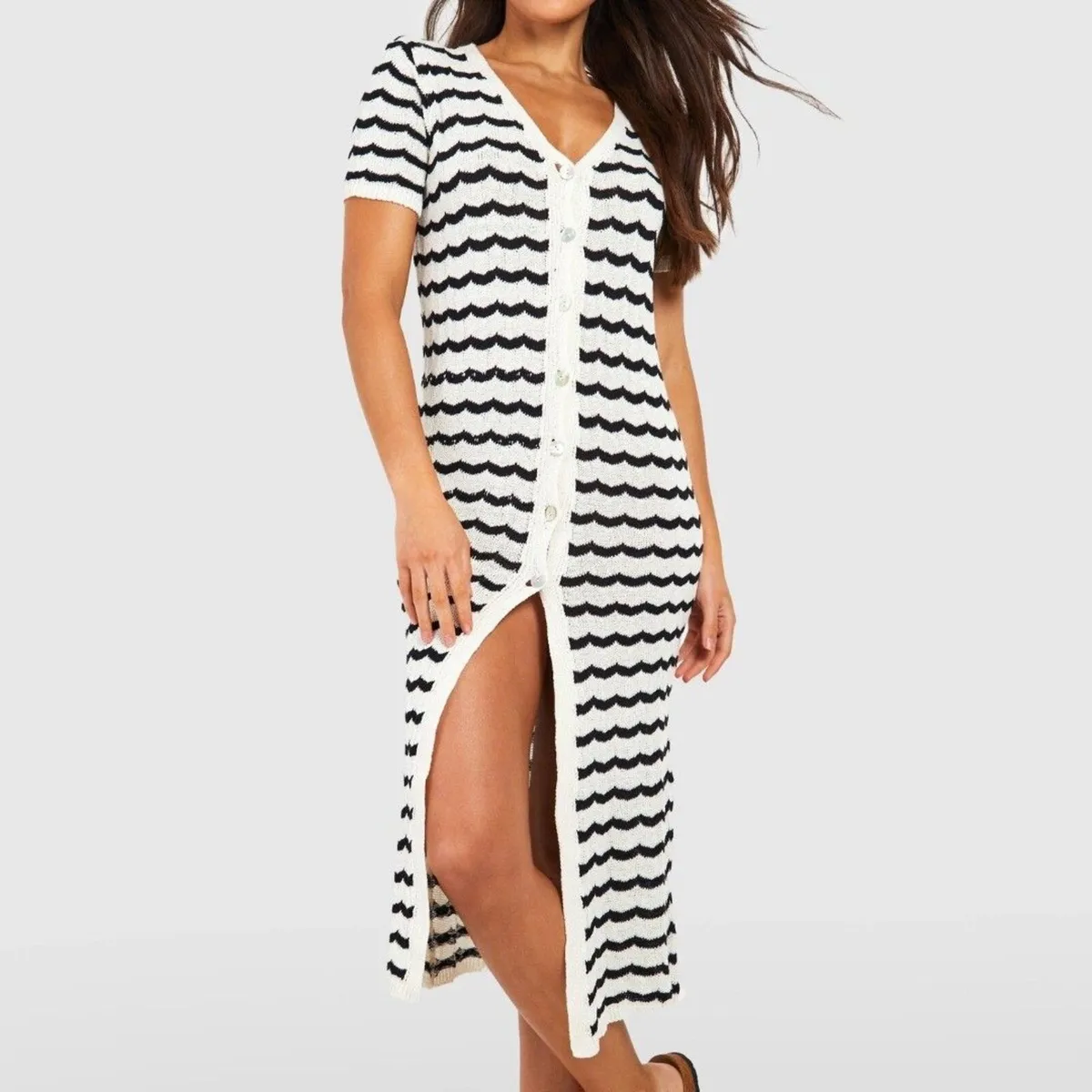 Boohoo White Black Stripe Crochet Midi Dress 12UK - Image 2