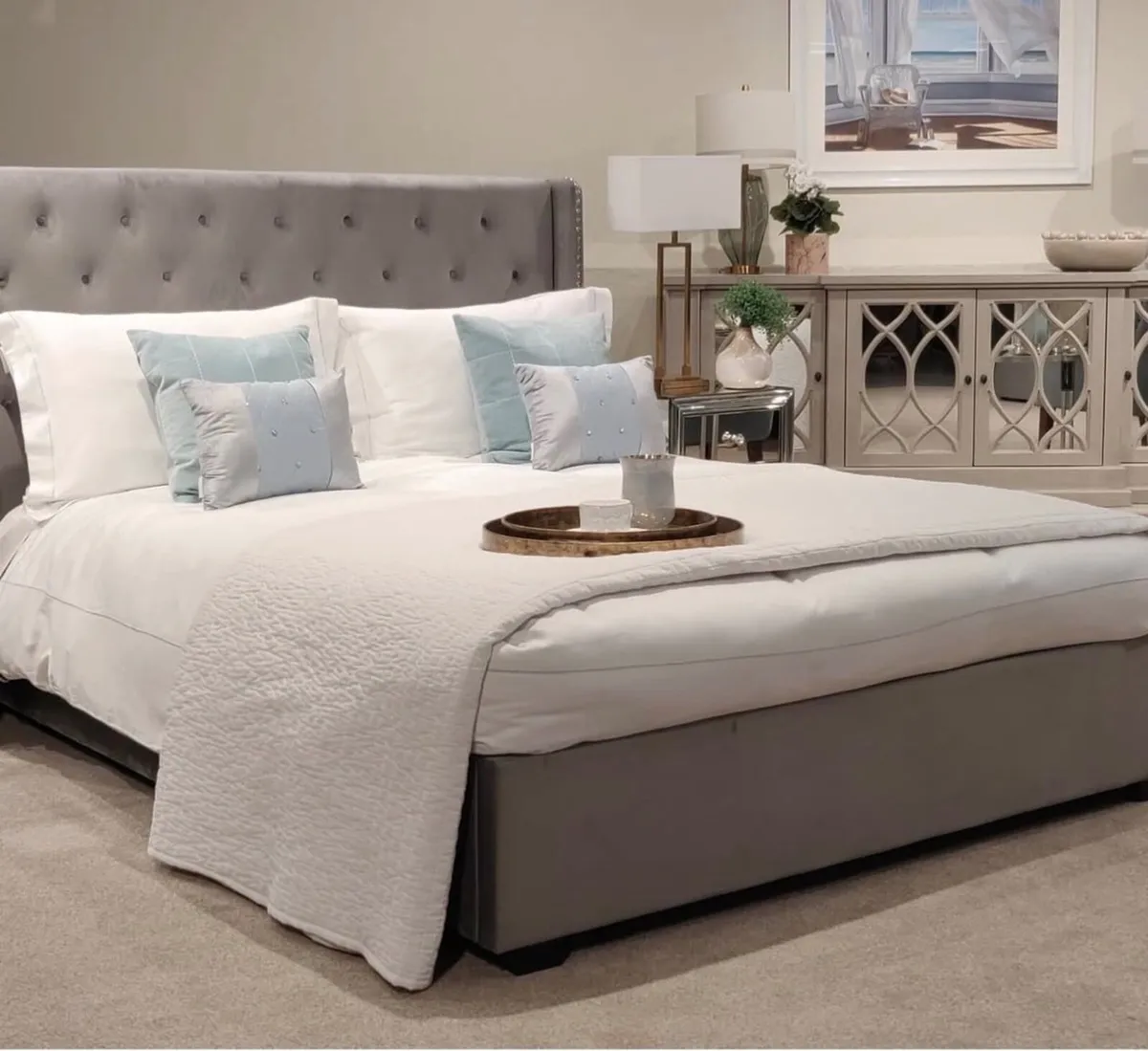 King size bed with mattress grey - Image 1
