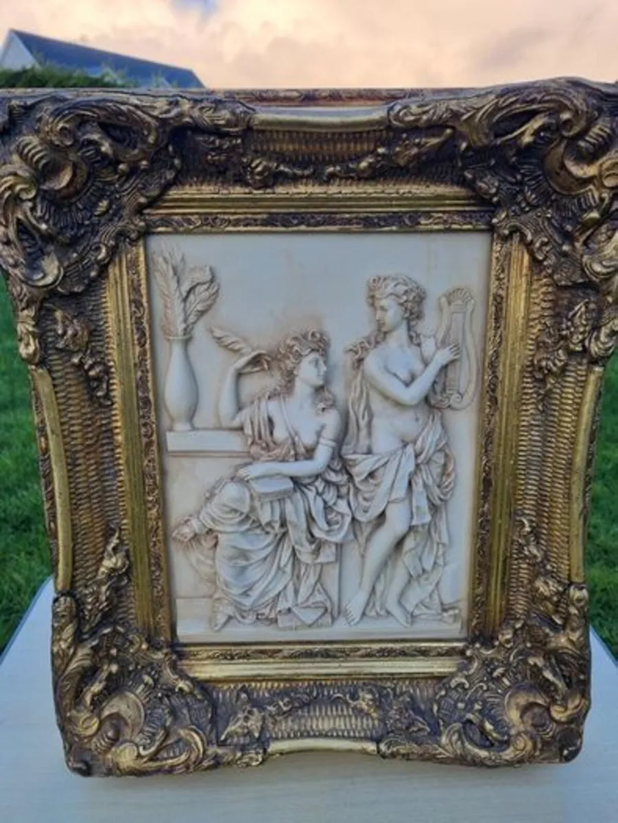 A large mythological bas-relief in a gold frame - Image 1