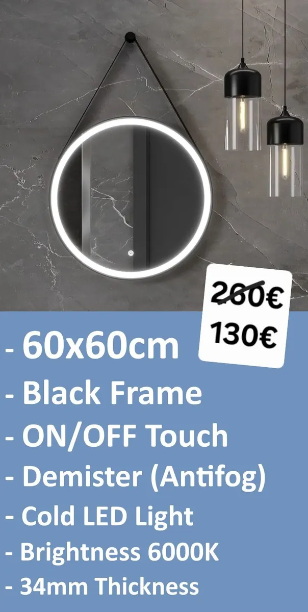 LED Bathroom Mirror Black Frame Demister - Image 1