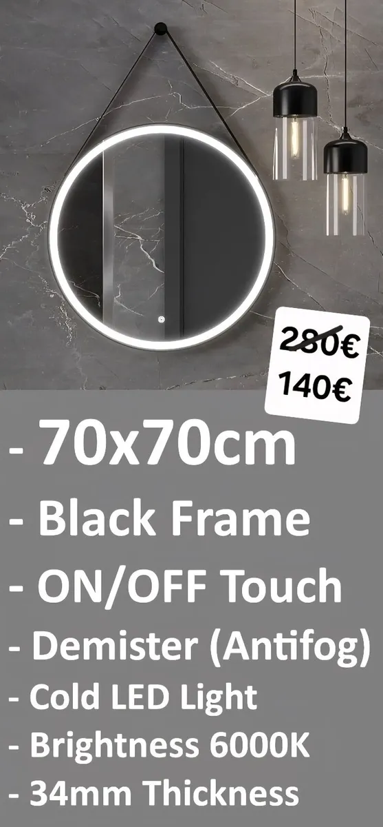 LED Bathroom Hanging Mirror Black Demister Touch - Image 1