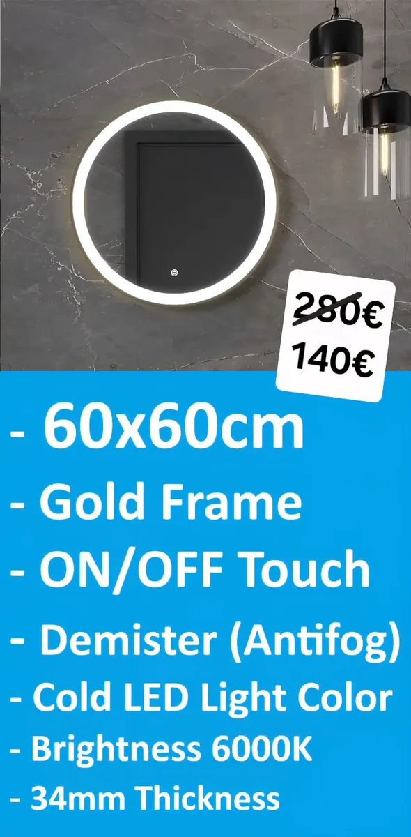 LED Bathroom Mirror Gold Demister Touch Bright - Image 1