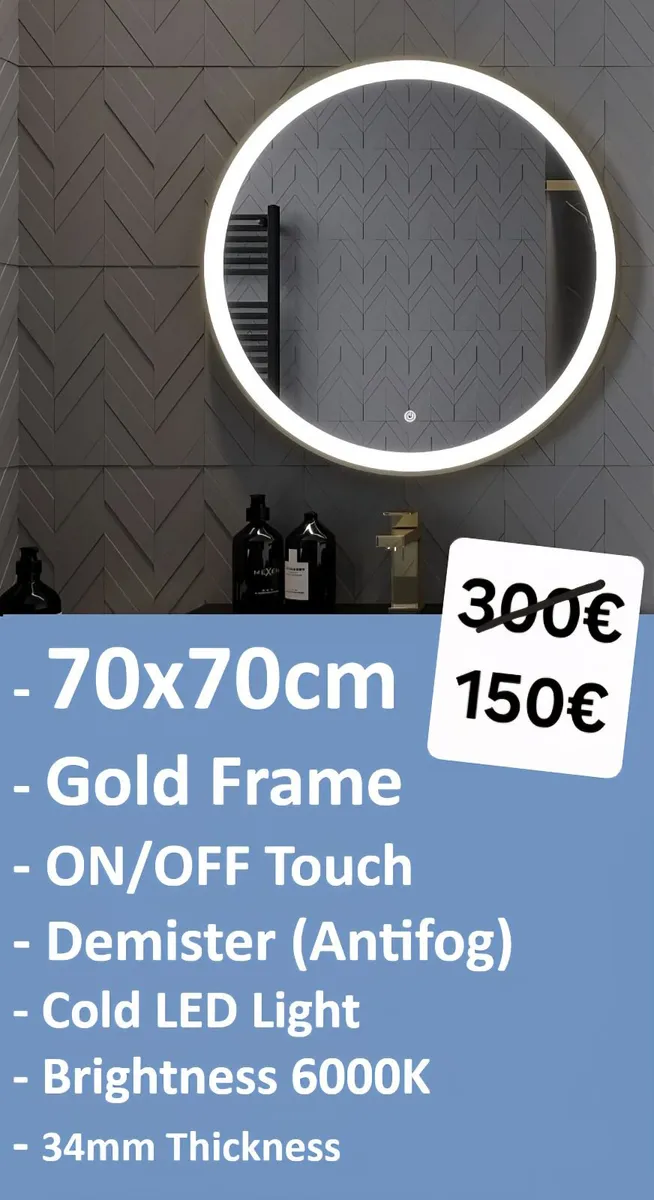 LED Bathroom Mirror Gold Frame Antifog Defogger - Image 1