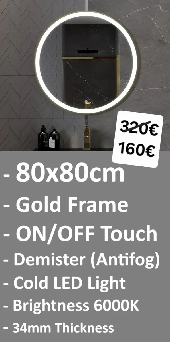 LED Bathroom Mirror Gold Frame 80x80cm - Image 1
