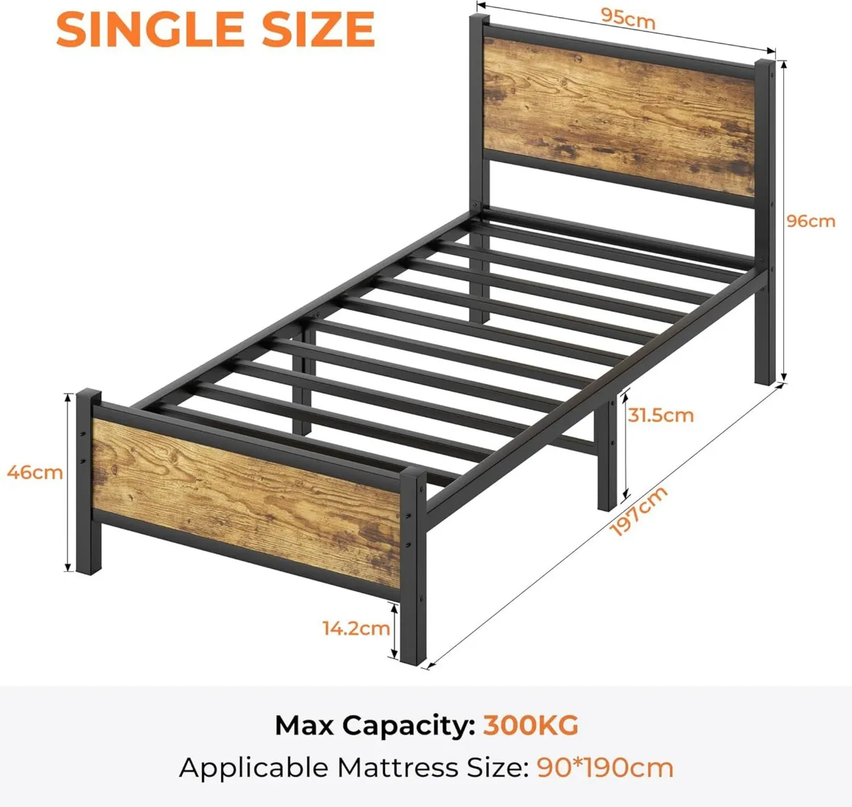 Single Bed Frame with Wooden Headboard and - Image 2