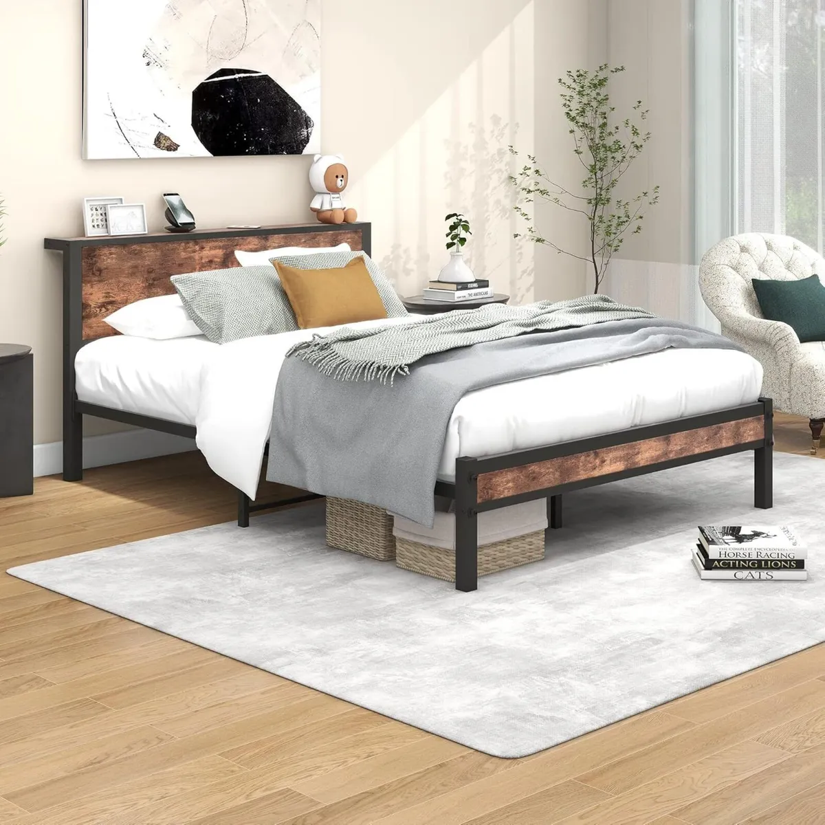 King Size Bed Frame with Wooden Storage Headboard - Image 3
