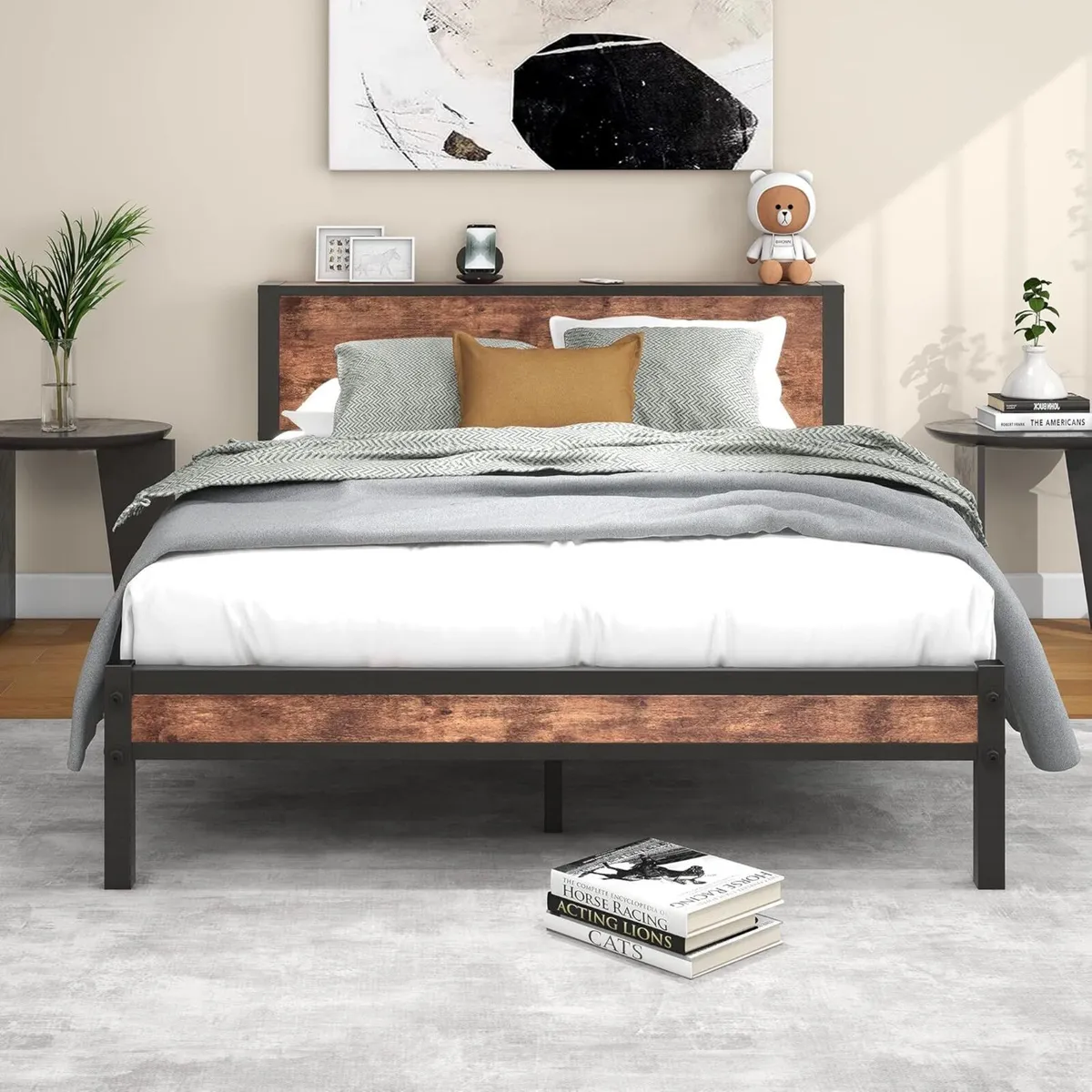 King Size Bed Frame with Wooden Storage Headboard - Image 1