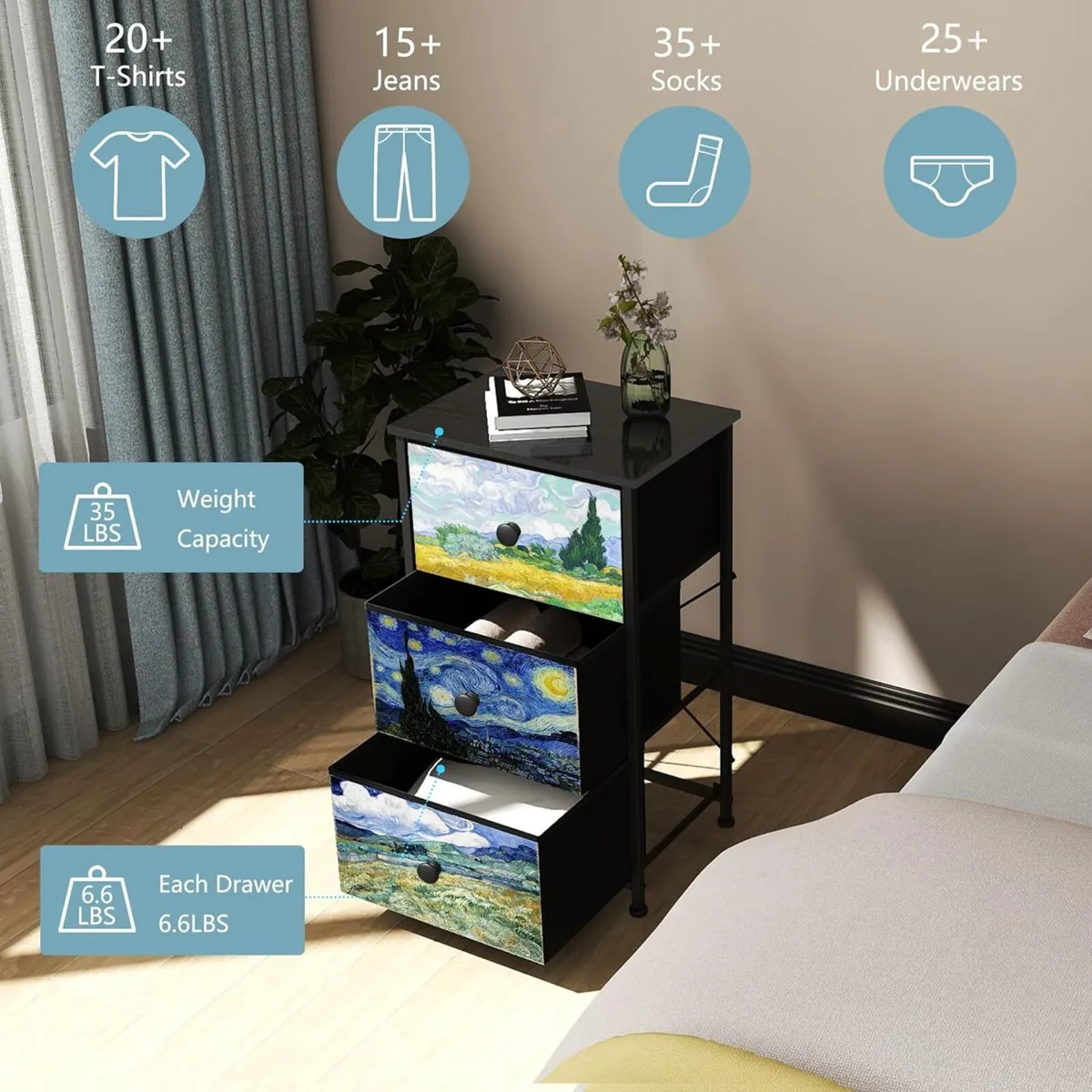 Van Gogh Fabric Chest of Drawers with 3 Dresser - Image 3