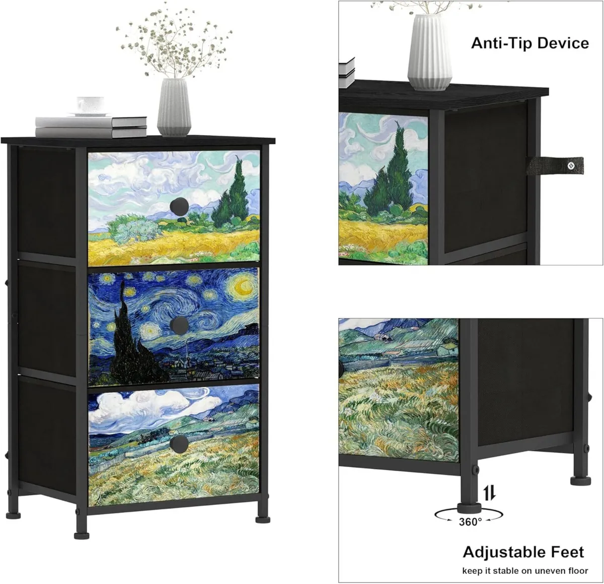 Van Gogh Fabric Chest of Drawers with 3 Dresser - Image 4