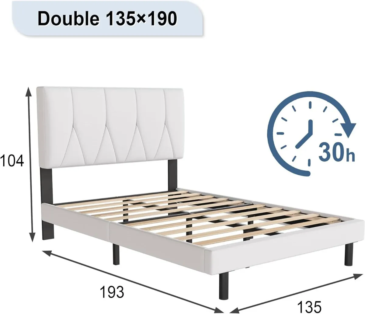 Double Bed Frame White Upholstered Wooden Slat - Image 2