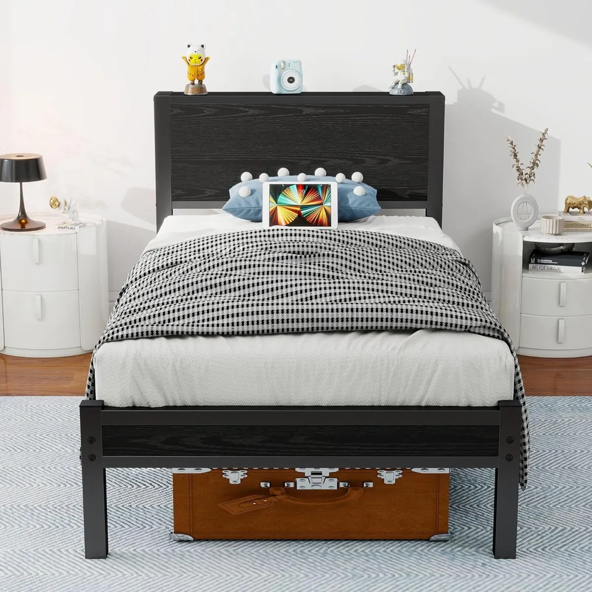 Single Bed Frame with Wood Storage Headboard - Image 1