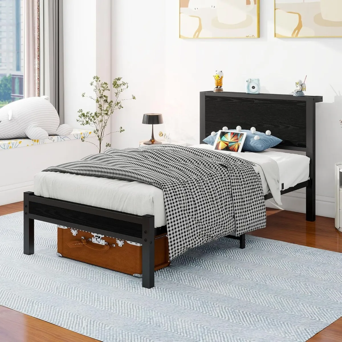 Single Bed Frame with Wood Storage Headboard - Image 3