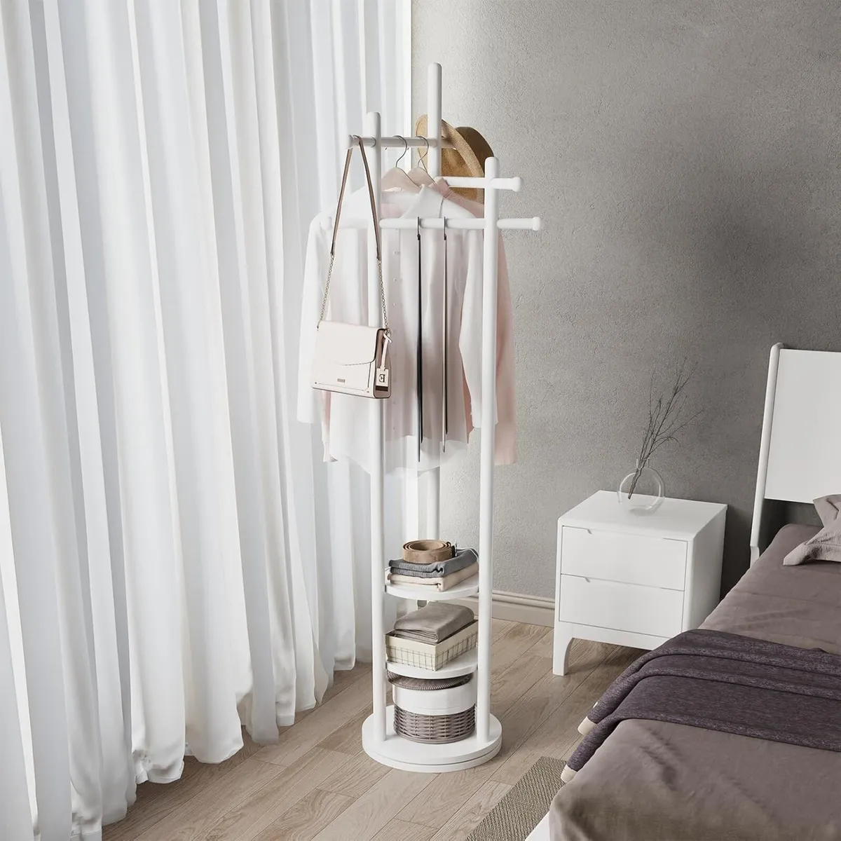 Coat Stand Woodem Rack with 3 Storage Shelves - Image 1