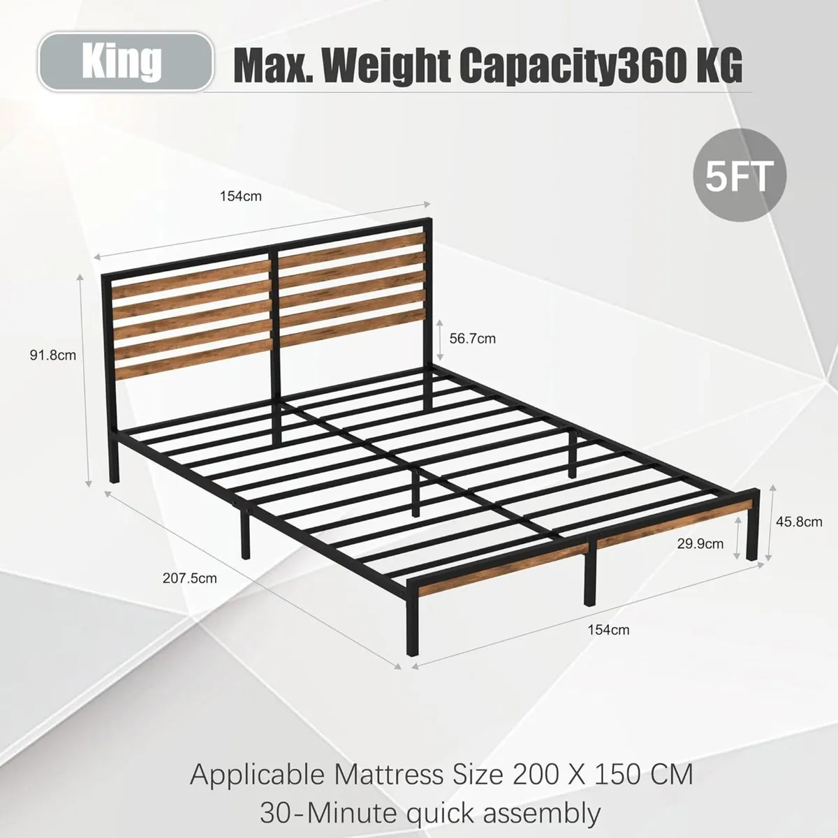 King Bed Frame Vintage Wooden Headboard Metal - Image 2