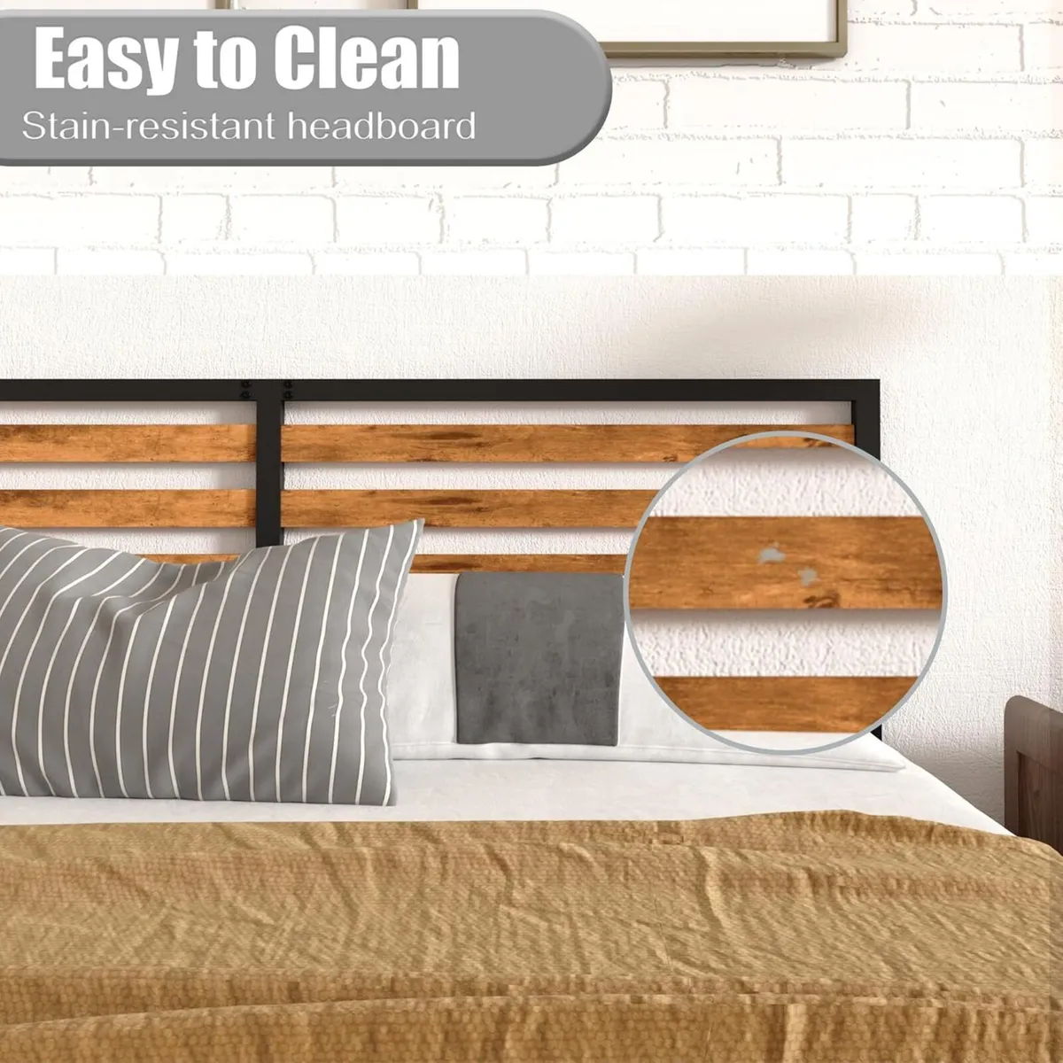 King Bed Frame Vintage Wooden Headboard Metal - Image 4