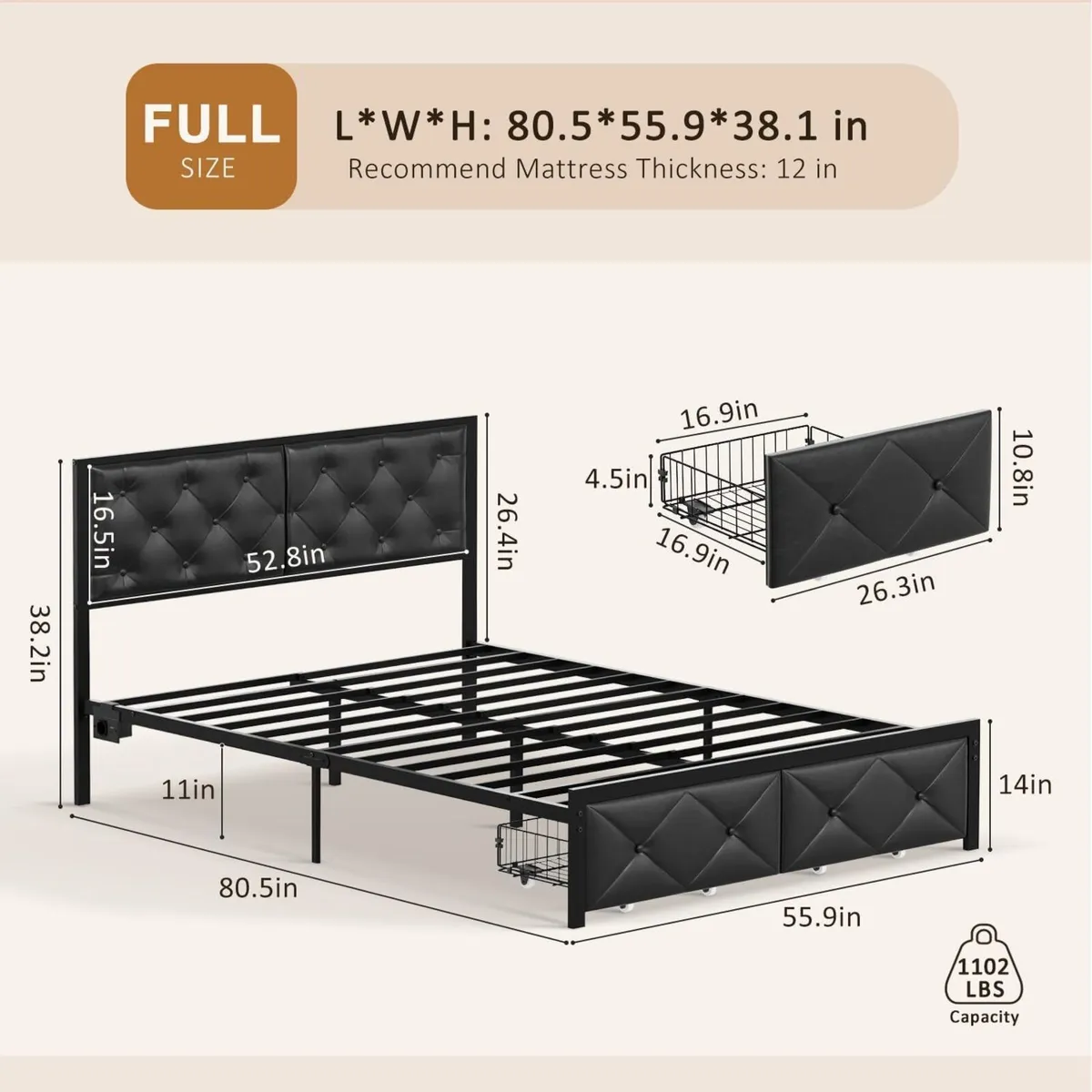 Double Bed Frame 195 x 137 97 cm with Charging - Image 2