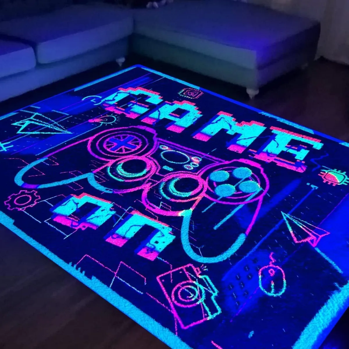 Neon Gaming Area Rug 3D Blacklight UV Reactive - Image 1