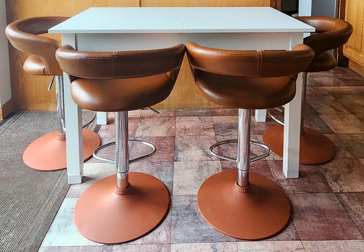 Extendable White Dining Table, 4 Bar Stools - Image 1