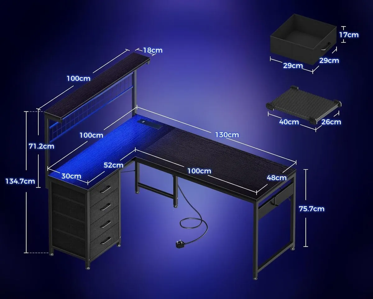 L Shaped Gaming Desk with Drawers Shelf 130 x 100 - Image 3