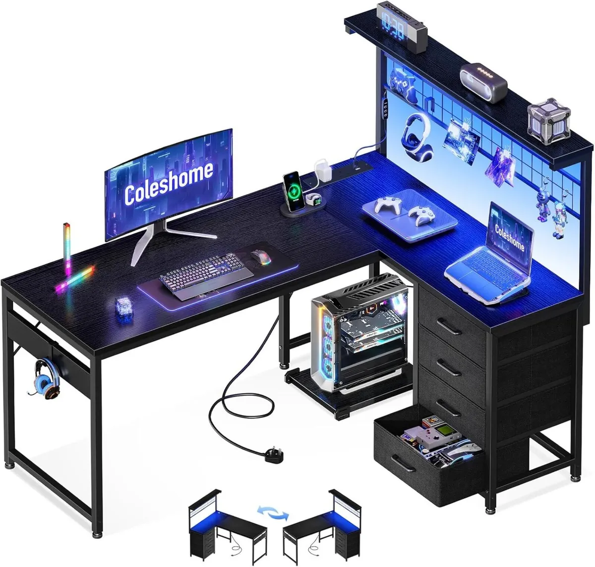 L Shaped Gaming Desk with Drawers Shelf 130 x 100 - Image 1