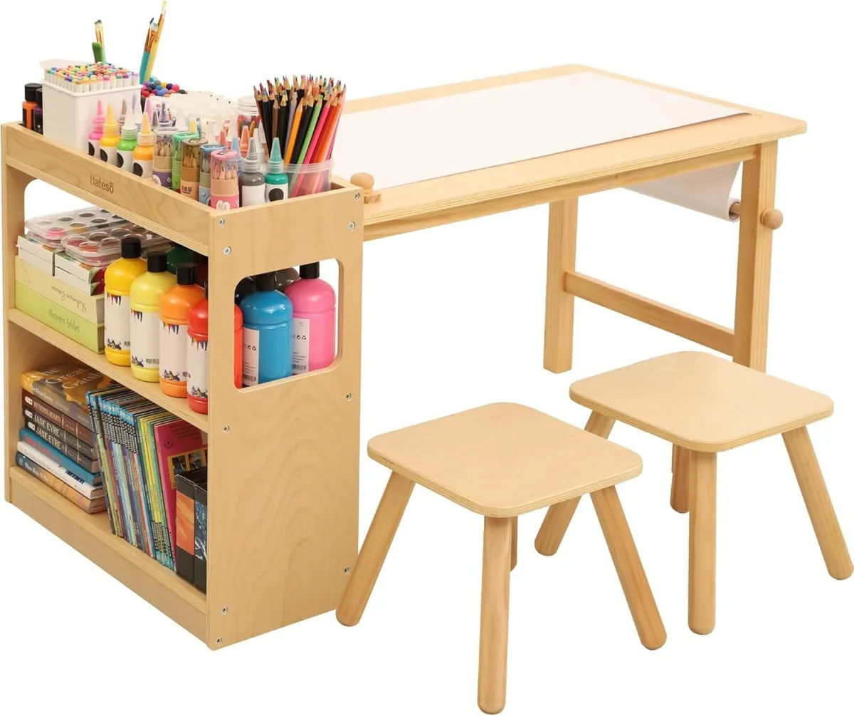 Kids Art Table and 2 Chairs Set with Roll Paper - Image 1