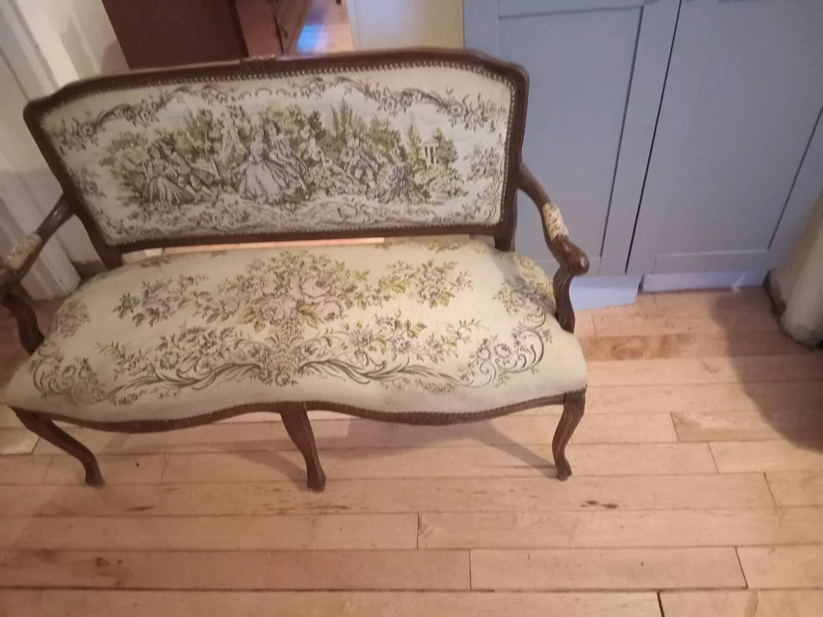 antique louis xvi carved tapestry settee - Image 2