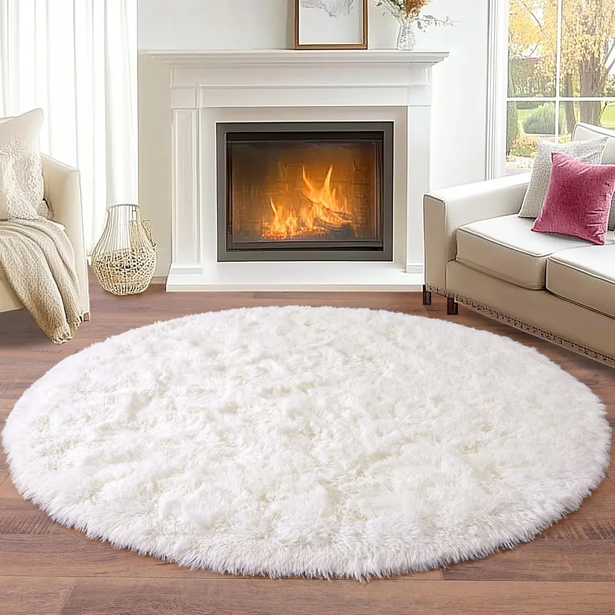 High Pile Rug Round 200 cm Cream Shaggy Long - Image 1