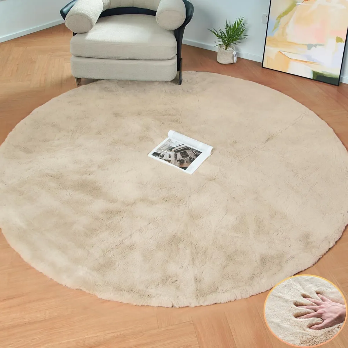 Round Rug Beige Washable Fur Fluffy Faux Short - Image 1
