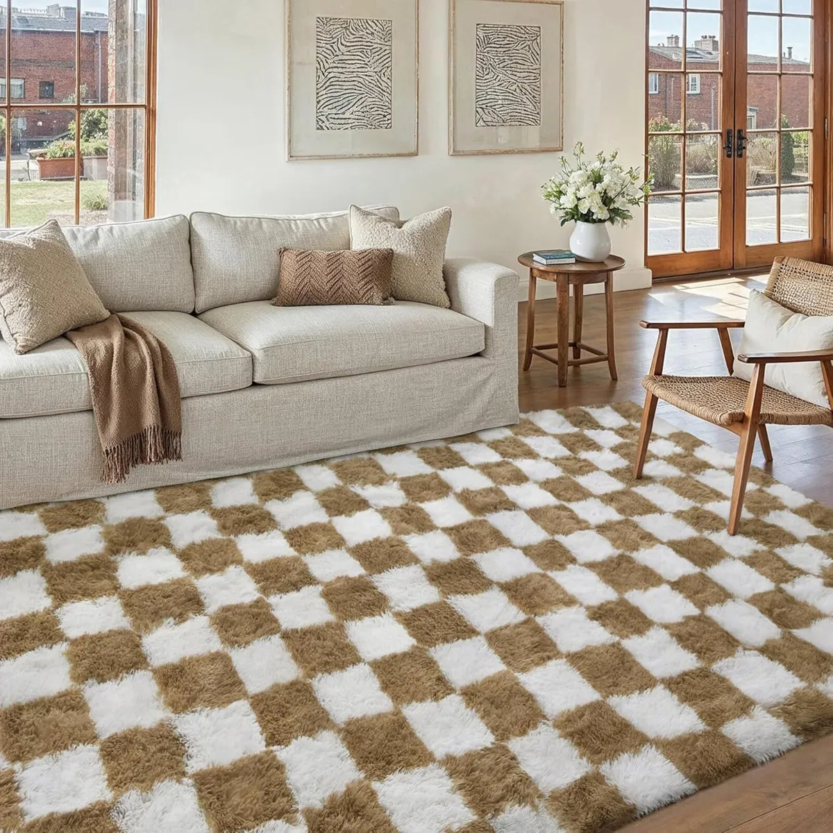 Fluffy Checkered Rugs Living Room Large Area Rug - Image 3