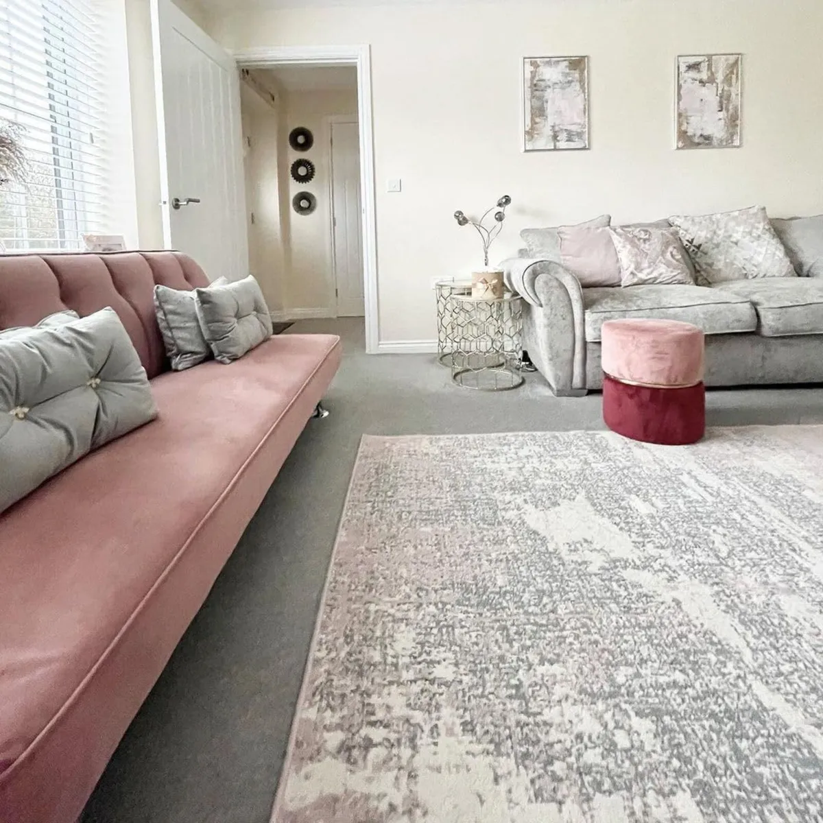 Pink Grey Living Room Rug Durable Modern Abstract - Image 1