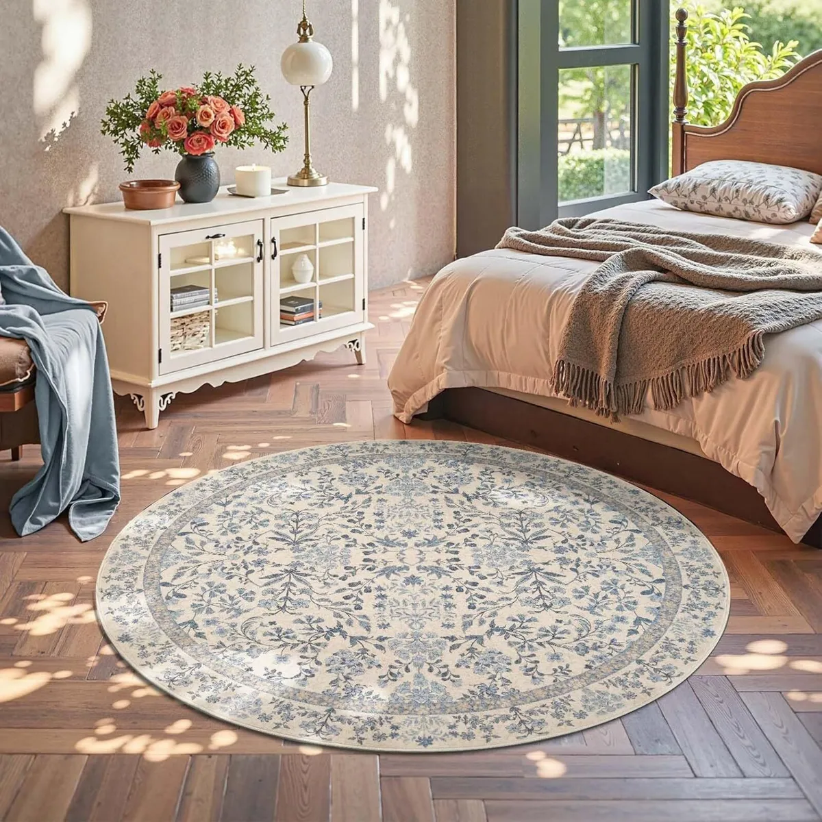 Vintage Floral Round Rug 180cm Soft Machine - Image 2